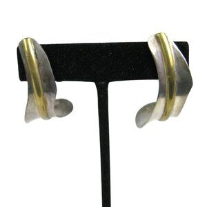 Vintage Mexico Sterling Silver 925 Brass Modernist Hoop Earrings Handmade TJ3